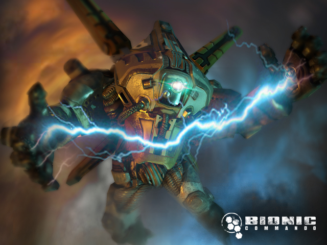 3d armor bionic_commando capcom copyright_name electricity english_text gloves logo mecha non-web_source official_art official_wallpaper power_armor promotional_art robot science_fiction terrorist weapon