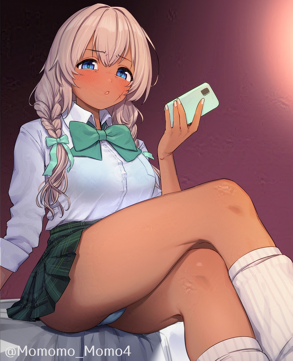 1girl alternate_costume bed_sheet blue_eyes brown_hair cellphone collared_shirt crossed_legs dark-skinned_female dark_skin facial_scar frown green_ribbon gyaru highres holding holding_phone indie_virtual_youtuber irodori_mayoi kogal long_hair long_sleeves looking_at_viewer on_bed open_mouth panties pantyshot phone pleated_skirt ribbon scar scar_on_cheek scar_on_face shirt simple_background sitting skirt sleeves_rolled_up smartphone tan underwear virtual_youtuber white_panties white_shirt yoshiwa_tomo