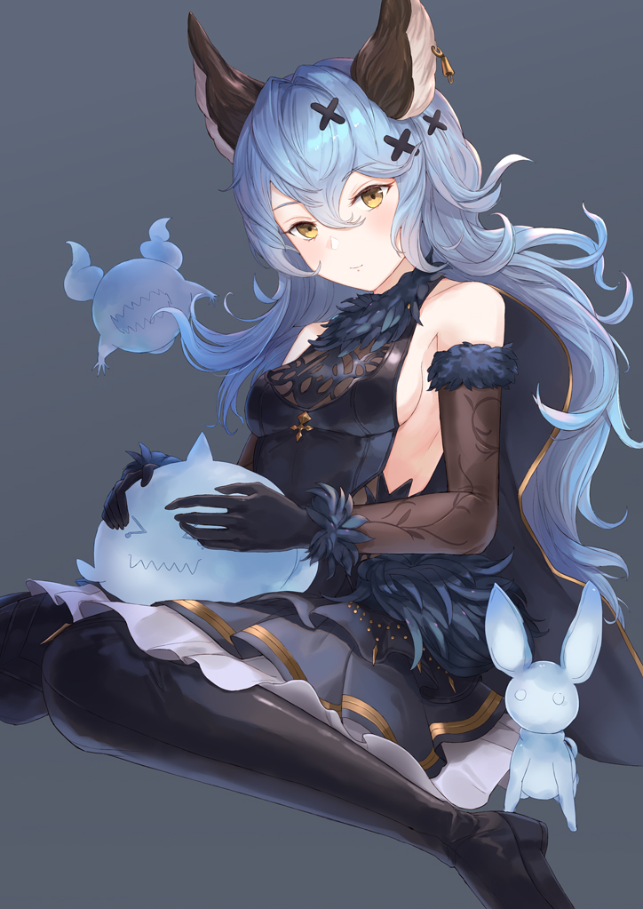 1girl animal_ears bare_shoulders black_background black_boots black_gloves blue_hair blush boots breasts earrings elbow_gloves erune female_focus ferry_(granblue_fantasy) ferry_(grand)_(granblue_fantasy) fugee_(granblue_fantasy) fur_trim geegee_(granblue_fantasy) ghost gloves granblue_fantasy hair_between_eyes hair_ornament jewelry kachi long_hair looking_at_viewer medium_breasts nicola_(granblue_fantasy) rabbit_ears sideboob simple_background single_earring sitting solo thigh_boots thighhighs wariza wavy_hair x_hair_ornament yellow_eyes
