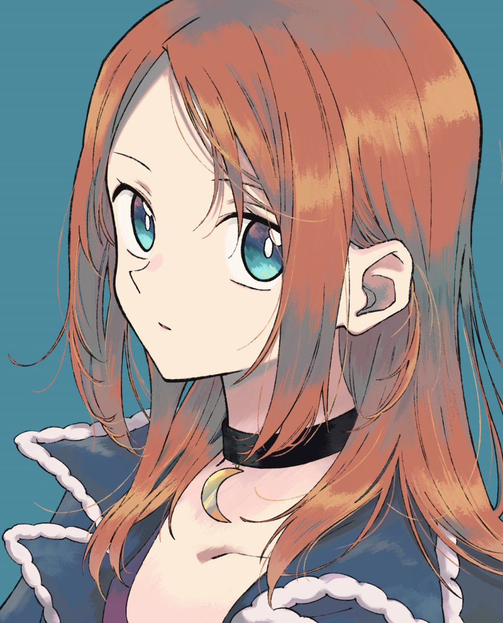 1girl black_choker bright_pupils choker closed_mouth commentary_request eyelashes green_background green_eyes highres ittumozzz jacket long_hair looking_at_viewer nintendo orange_hair pokemon pokemon_colosseum purple_shirt rui_(pokemon) shirt sidelocks simple_background solo upper_body white_pupils
