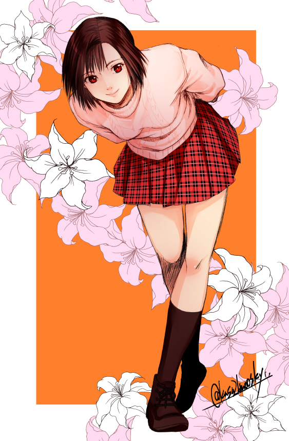 1girl arms_behind_back brown_footwear brown_hair floral_background full_body harasaki_nozomi kusu_(moo1225) leaning_forward miniskirt orange_background parted_hair plaid_clothes plaid_skirt red_eyes shenmue shenmue_i signature skirt smile solo sweater white_sweater