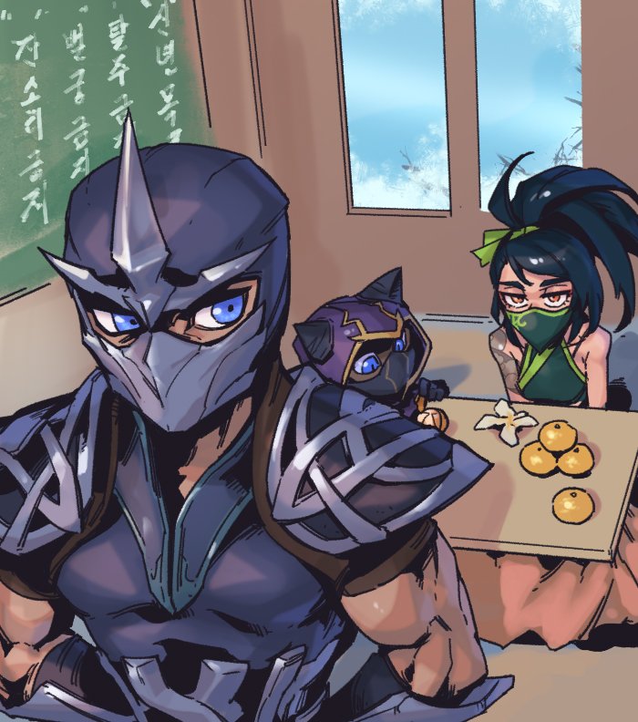 1girl 2boys akali bare_shoulders black_bodysuit black_hair bodysuit chalkboard food fruit green_hairband hairband hood hood_up indoors kennen league_of_legends long_hair mandarin_orange mask multiple_boys muscular muscular_male phantom_ix_row ponytail shen_(league_of_legends) table upper_body window