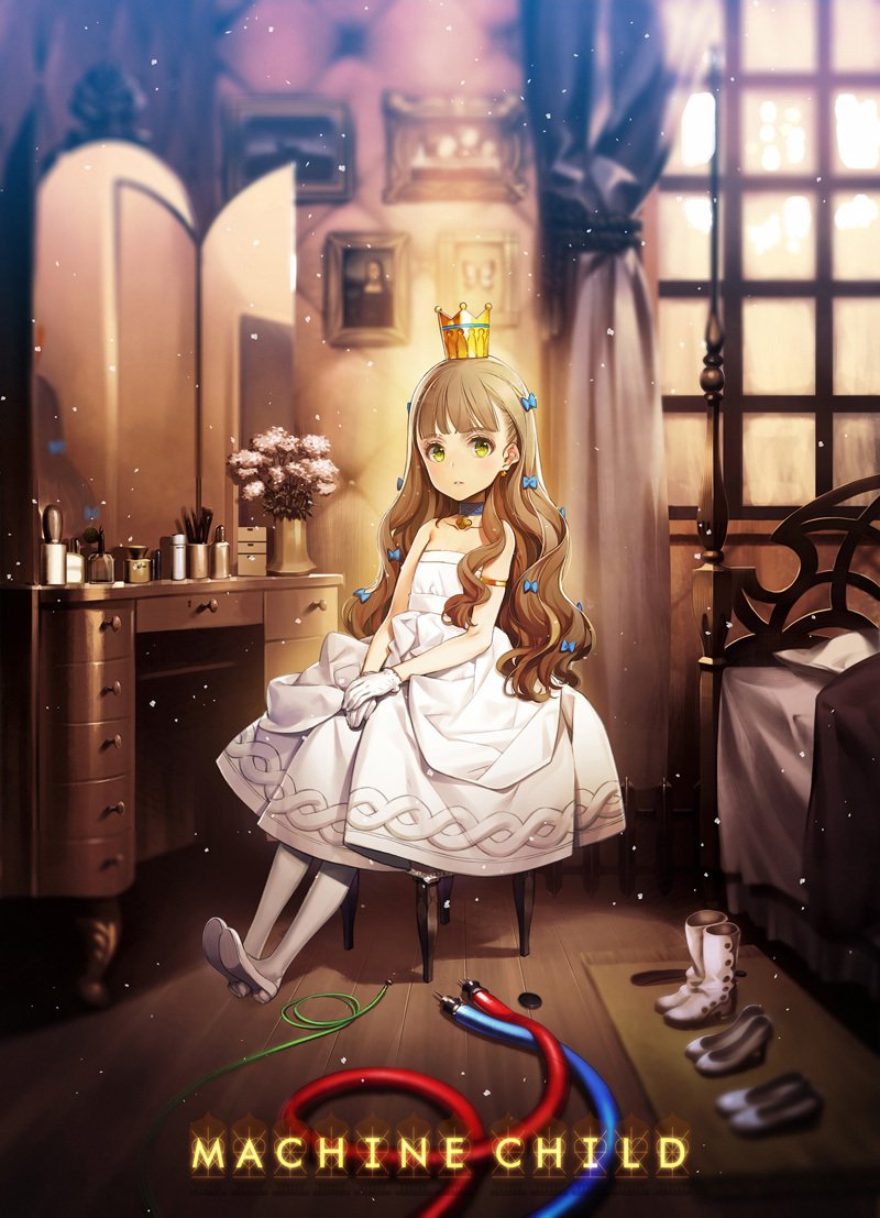 1girl bare_shoulders bed boots bow brown_hair cable chest_of_drawers child choker crown dress expressionless female_focus flat_chest florine_(machine_child) gloves green_eyes hair_bow high_heels indoors light_particles long_hair looking_at_viewer machine_child mirror multiple_hair_bows official_art on_chair ooyari_ashito parted_lips second-party_source shoes sitting solo unworn_shoes white_dress white_gloves window