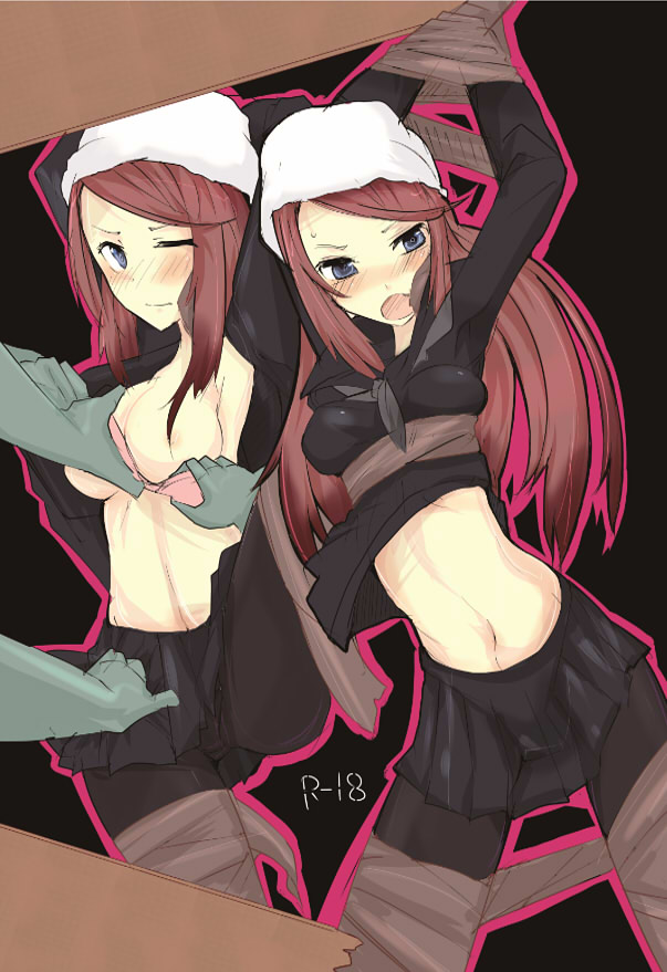10s ban_airi bdsm blue_eyes blush bondage bound breasts devil_survivor_(series) devil_survivor_2 grabbing_another&#039;s_breast groping hat long_hair mos_yen nipples red_hair scarf school_uniform skirt