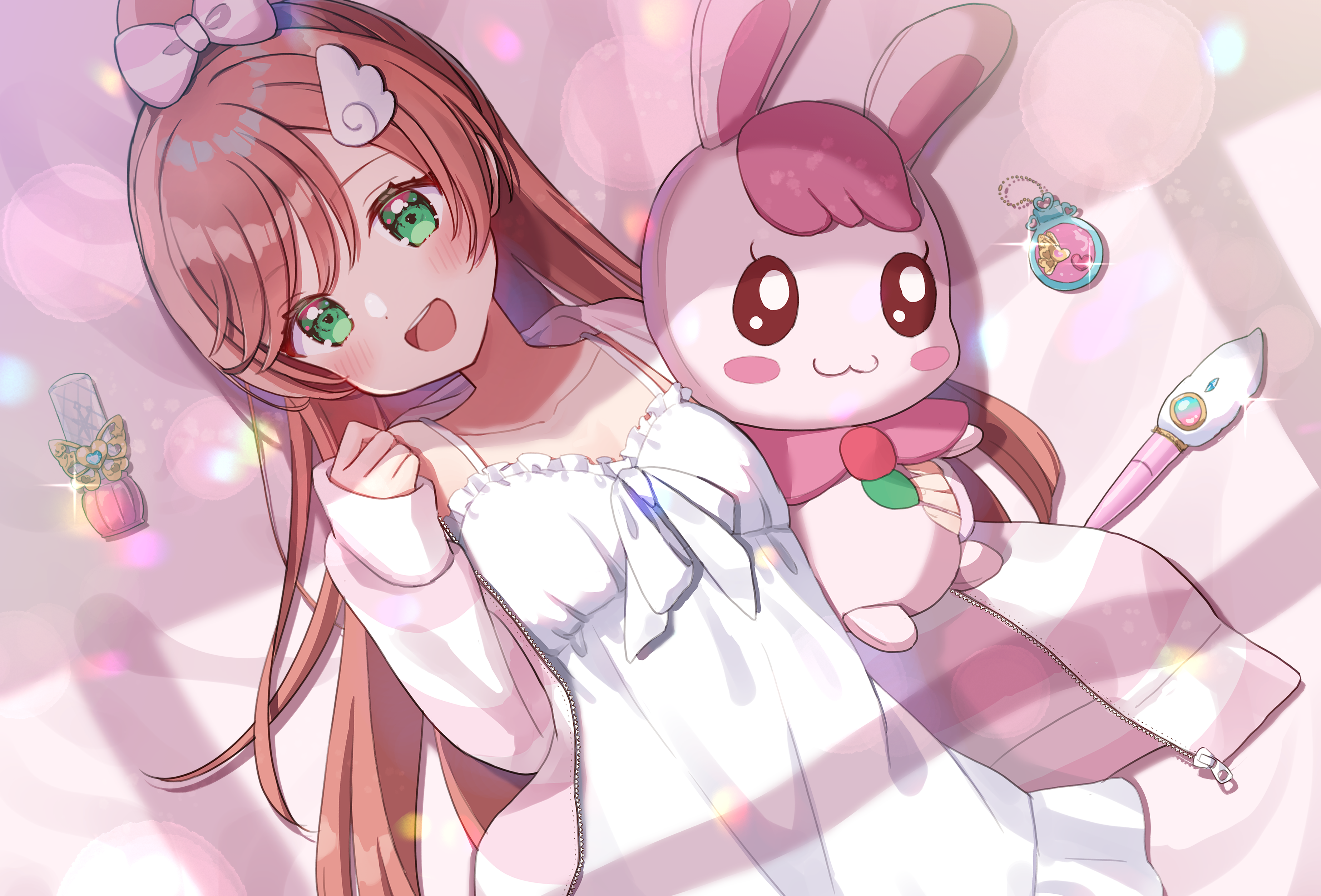 1girl absurdres alternate_hairstyle bow commentary dress from_above hair_bow hair_ornament hairclip healin&#039;_good_precure highres hiiragi_syuu hirogaru_sky!_precure holding holding_stuffed_toy hood hoodie kakuma_ai lips long_hair long_sleeves looking_at_viewer lying mirage_pen nightgown nijigaoka_mashiro on_back one_side_up open_clothes open_hoodie open_mouth pink_bow pink_hair pink_hoodie precure rabirin_(precure) sleepwear smile solo spaghetti_strap stuffed_animal stuffed_rabbit stuffed_toy voice_actor_connection white_dress wing_hair_ornament