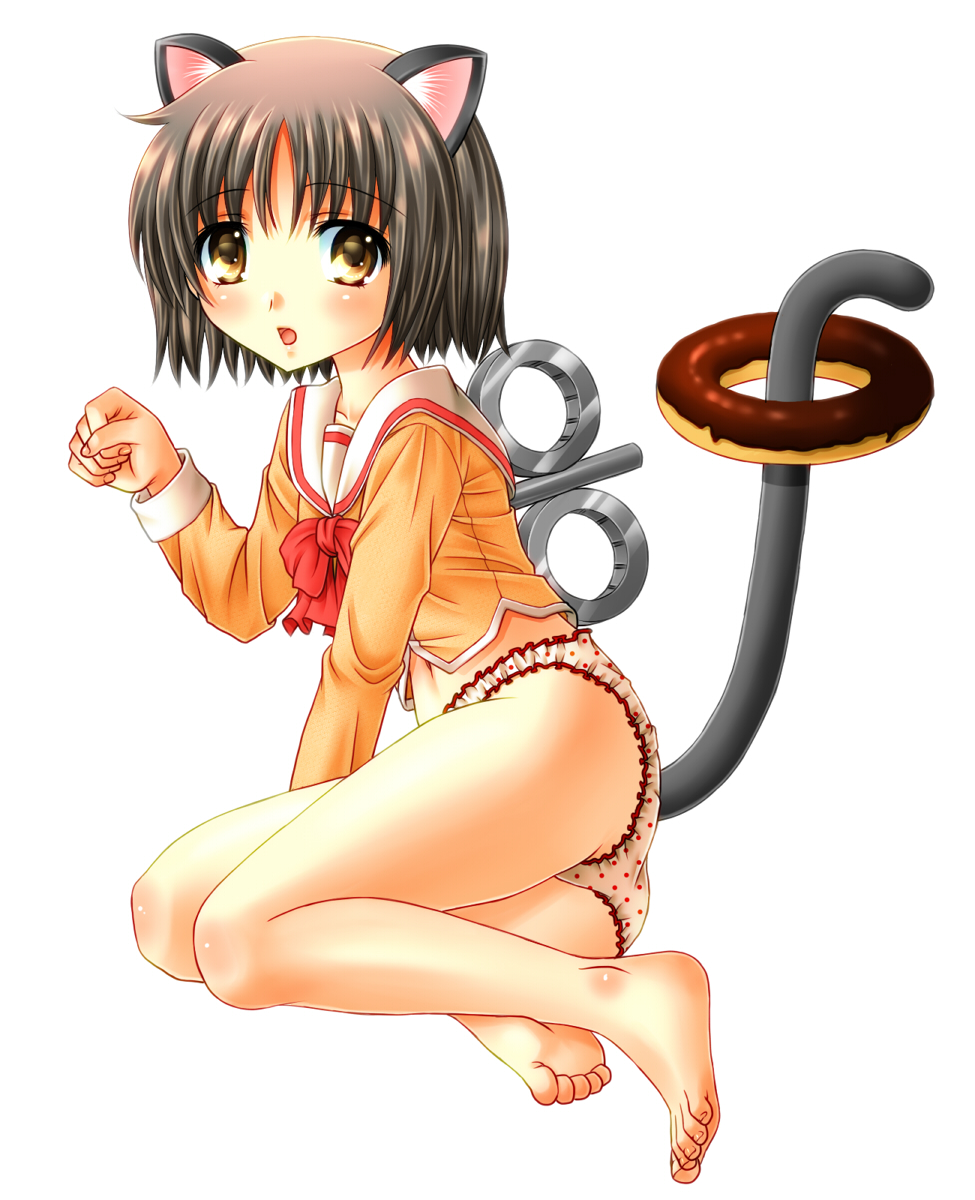 1girl animal_ears ass barefoot black_hair brown_eyes cat_ears cat_tail donut feet female_focus food highres legs nichijou no_pants panties polka_dot polka_dot_panties sachiko school_uniform serafuku shinonome_nano short_hair sitting solo tail toes tokisadame_school_uniform underwear winding_key yokozuwari