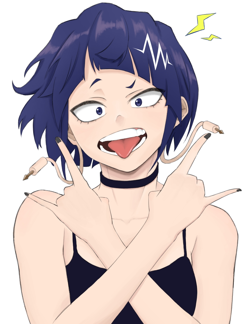 1girl \n/ audio_jack bare_arms black_tank_top blunt_bangs boku_no_hero_academia breasts choker crossed_arms earplugs highres jiro_kyoka long_earlobes looking_at_viewer open_mouth purple_hair short_hair solo tanabataei tank_top tongue tongue_out white_background