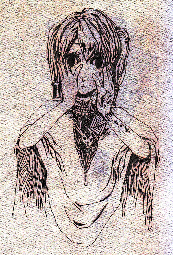 1girl bad_id bad_pixiv_id female_focus hachi_(hati) hachi_p hands_on_own_face hatsune_miku looking_at_viewer monochrome paper qualia_(vocaloid) solo staring vocaloid yonezu_kenshi