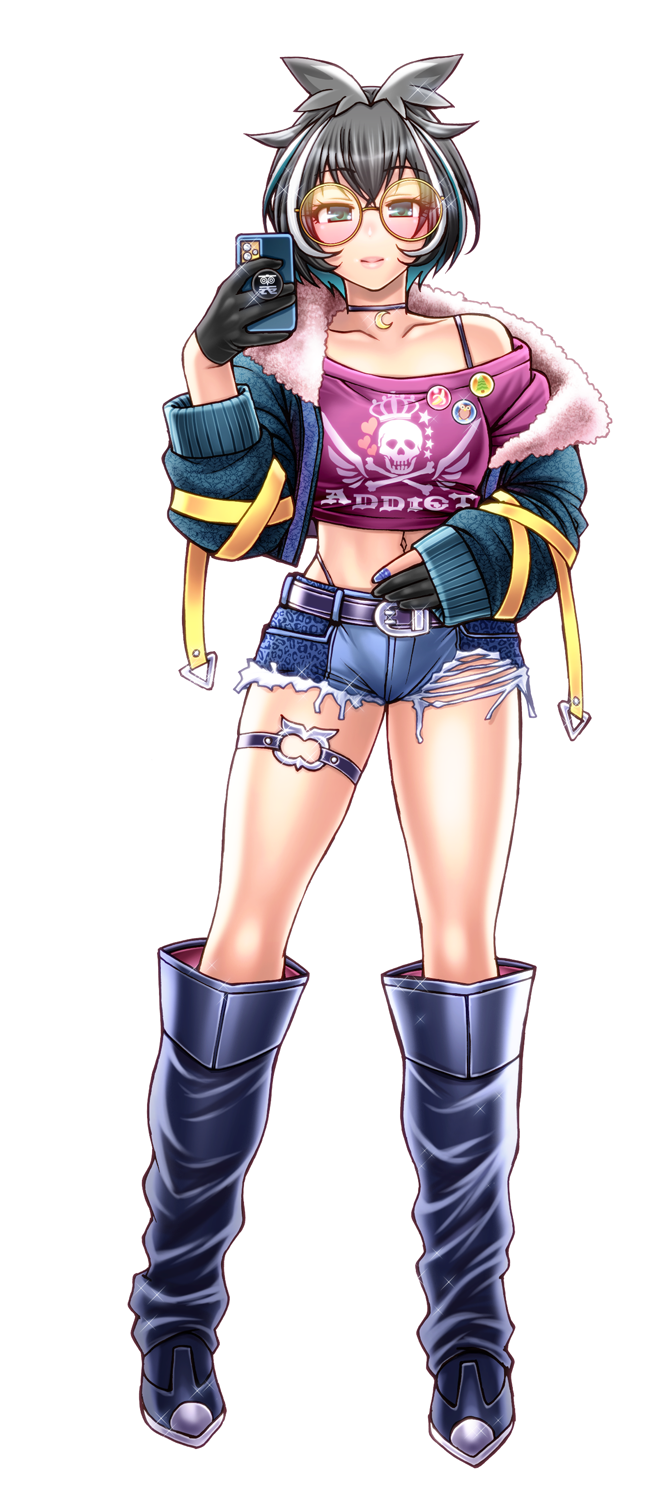 1girl animare asymmetrical_gloves belt black_choker black_hair blue_jacket blue_nails boots cellphone chiba_toshirou choker colored_inner_hair commentary_request crop_top cropped_jacket denim denim_shorts full_body glasses gloves green_hair highleg highleg_panties highres holding holding_phone jacket knee_boots midriff multicolored_hair nanashi_inc. navel o-ring o-ring_thigh_strap off-shoulder_shirt off_shoulder oura_rukako panties partially_fingerless_gloves phone purple_shirt round_eyewear shirt short_shorts shorts smartphone smartphone_case solo streaked_hair thigh_strap torn_clothes torn_shorts underwear virtual_youtuber white_hair