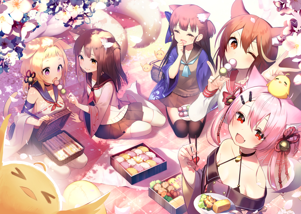 5girls :d :o ahoge animal_ear_fluff animal_ears ariake_(azur_lane) asagi_yuna ascot azur_lane bare_shoulders bell bento bird black_legwear black_skirt blonde_hair bow breasts brown_eyes brown_hair brown_shirt brown_skirt cat_ears cat_girl cat_tail cherry_blossoms chick choker chopsticks collarbone commentary_request dango day detached_sleeves closed_eyes fang feeding flower food fox_tail hair_bow hair_ornament hairclip halterneck hanami haori hatsuharu_(azur_lane) hatsushimo_(azur_lane) holding holding_chopsticks holding_food holding_plate japanese_clothes jingle_bell kotori_photobomb long_hair long_sleeves looking_at_viewer manjuu_(azur_lane) mat medium_breasts medium_hair miniskirt multicolored_hair multiple_girls multiple_tails no_shoes off-shoulder_shirt off_shoulder official_art one_eye_closed open_mouth outdoors petals picnic picnic_basket pink_hair plate pleated_skirt purple_eyes red_eyes rope sailor_collar sandwich sanshoku_dango seiza shirt sitting skirt smile streaked_hair sunlight tail thighhighs two_side_up w wagashi wakaba_(azur_lane) white_flower white_legwear white_shirt wide_sleeves yuugure_(azur_lane) zettai_ryouiki