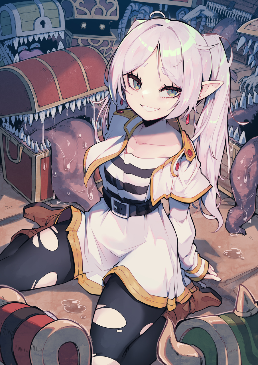 1girl belt black_belt capelet commentary crossover dark_souls_(series) dragon_quest drooling dungeon_meshi elf english_commentary frieren frieren_stuck_in_a_mimic_(meme) glowing glowing_eyes gold_trim grin highres looking_at_viewer meme mimic mimic_(dark_souls) mimic_(dragon_quest) mimic_(ragnarok_online) mimic_chest monster multiple_crossover multiple_others pantyhose parororo pointy_ears ragnarok_online saliva sharp_teeth shirt sitting smile sousou_no_frieren species_connection striped_clothes striped_shirt teeth tongue torn_clothes torn_pantyhose treasure_chest wariza white_capelet white_hair