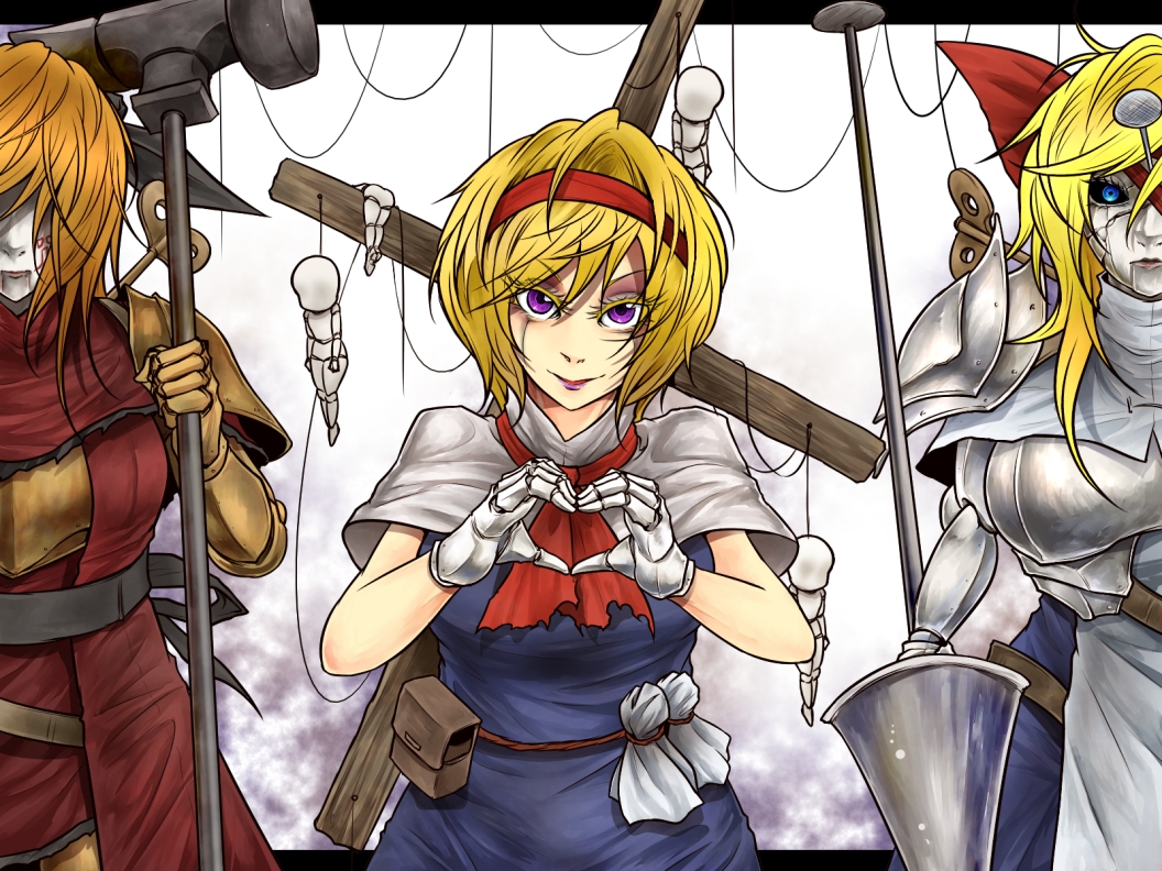 3girls alice_margatroid ascot black_sclera blonde_hair blue_dress blue_eyes capelet closed_mouth colored_sclera commentary_request cowboy_shot cross doll dress gloves hairband hammer heart heart_hands holding holding_hammer hourai_doll lance looking_at_viewer marionette multiple_girls nail_(hardware) polearm puppet red_ascot red_hairband ryuuichi_(f_dragon) shanghai_doll short_hair smile touhou war_hammer weapon white_background white_capelet white_gloves winding_key