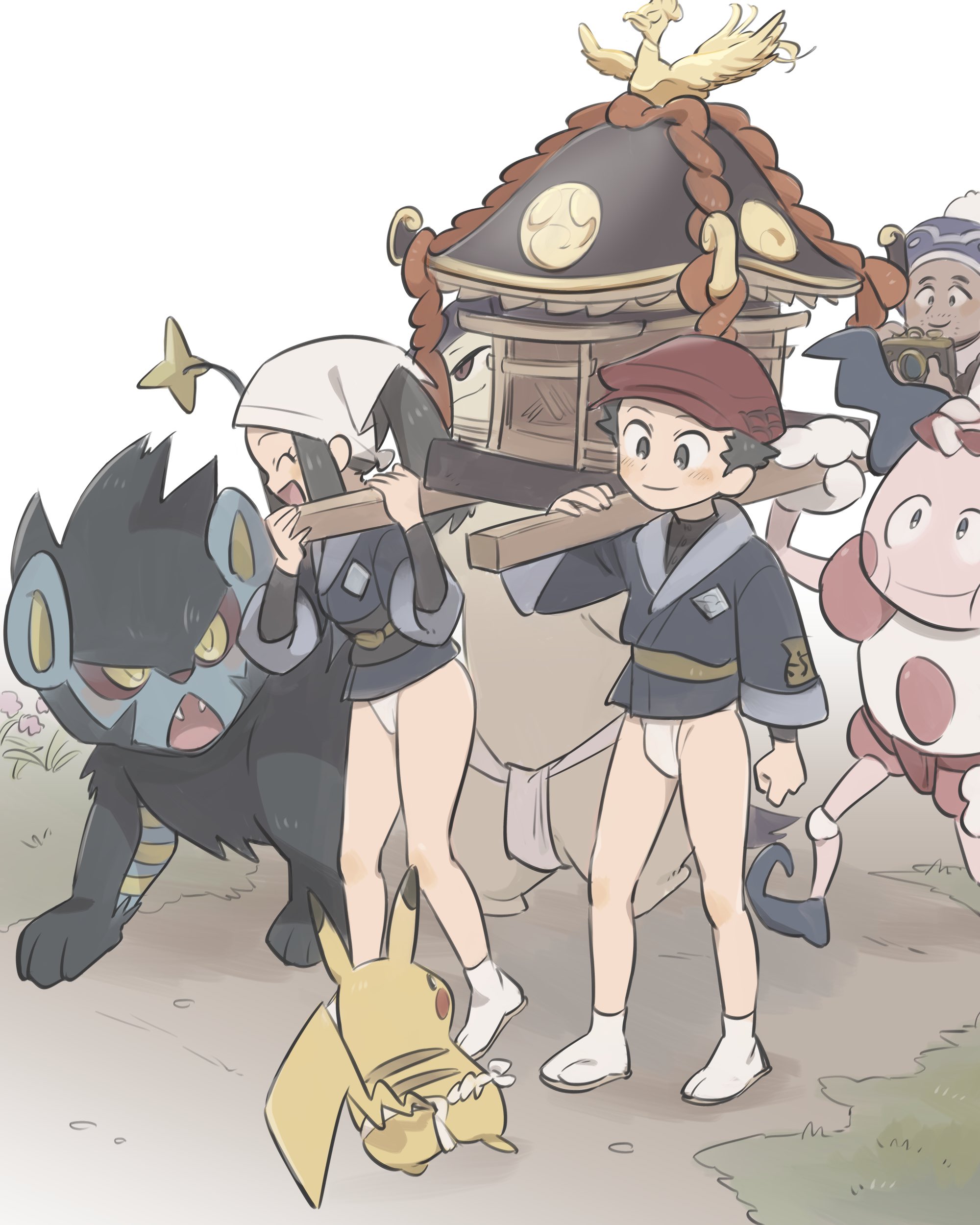 1girl 2boys absurdres akari_(pokemon) blue_hat camera closed_eyes commentary_request dark-skinned_male dark_skin facial_hair fundoshi galaxy_expedition_team_survey_corps_uniform gen_1_pokemon gen_2_pokemon gen_4_pokemon goatee_stubble hat headscarf highres hisuian_typhlosion ho-oh holding holding_camera japanese_clothes kinni professor_laventon legendary_pokemon luxray mr._mime multiple_boys nintendo no_pants open_mouth pikachu pokemon pokemon_(creature) pokemon_legends:_arceus red_hat rei_(pokemon) shrine smile socks stubble white_headscarf white_socks