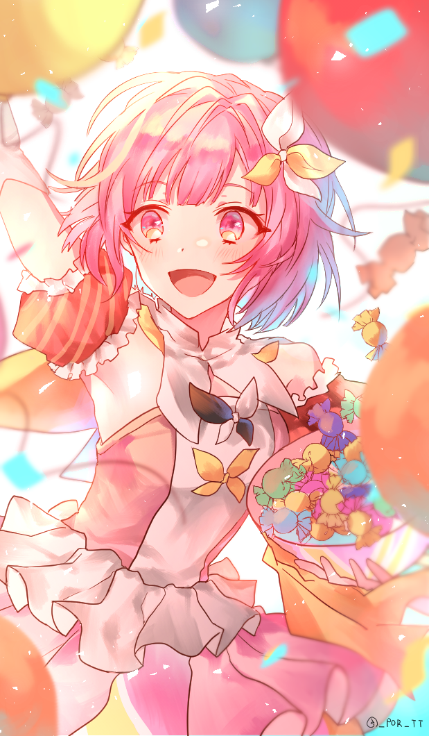 1girl arm_up armpits balloon bare_shoulders black_bow blunt_bangs bow bow_button bowl candy collar commentary_request confetti cowboy_shot detached_collar detached_sleeves dot_nose dress food frilled_sleeves frills hair_bow happy holding holding_bowl light_blush looking_ahead ootori_emu open_mouth pink_dress pink_hair por_(_por_tt) project_sekai puffy_short_sleeves puffy_sleeves red_sleeves short_hair short_sleeves smile solo strapless strapless_dress striped_sleeves twitter_username two-tone_bow white_background white_bow white_collar yellow_bow