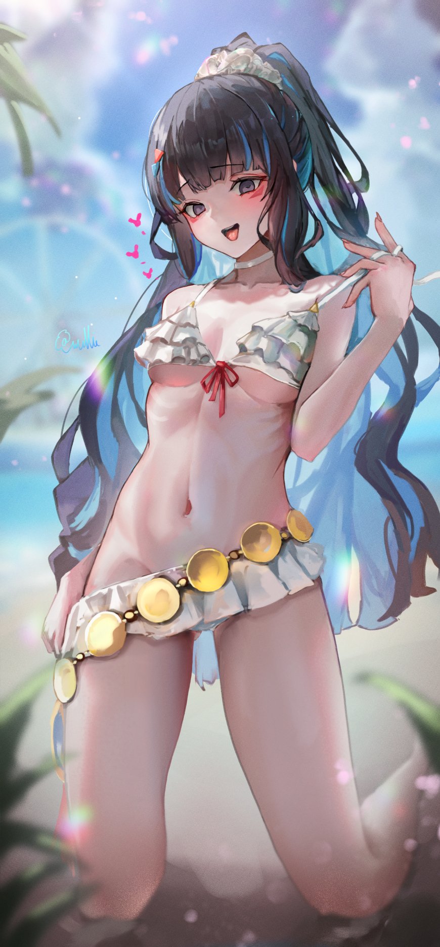 1girl artist_request beach black_hair breasts clothes_pull collarbone fate/grand_order fate_(series) groin highres kneeling long_hair midriff navel plant ponytail sky swimsuit tagme tenochtitlan_(fate) tenochtitlan_(swimsuit_mooncancer)_(fate) tenochtitlan_(swimsuit_mooncancer)_(first_ascension)_(fate) underboob