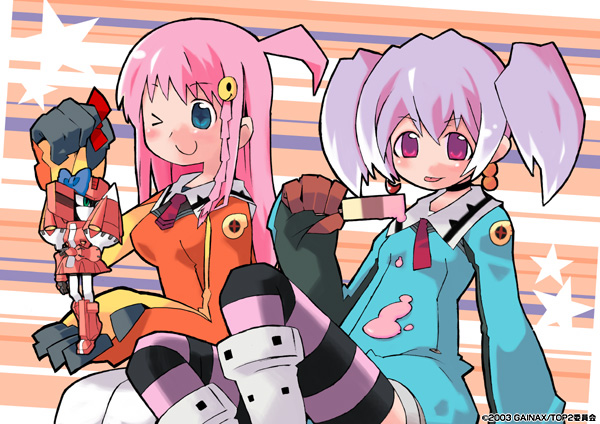 +_+ 00s 2girls ahoge blue_eyes braid breasts chiko cross-shaped_pupils food gainaxtop multiple_girls nono_(top_wo_nerae_2!) one_eye_closed patterned_legwear popsicle purple_hair quatre_vingt-sept romper smile striped_clothes striped_legwear striped_thighhighs symbol-shaped_pupils thighhighs thumb_hole top_wo_nerae!_(series) top_wo_nerae_2! twintails tycho_science