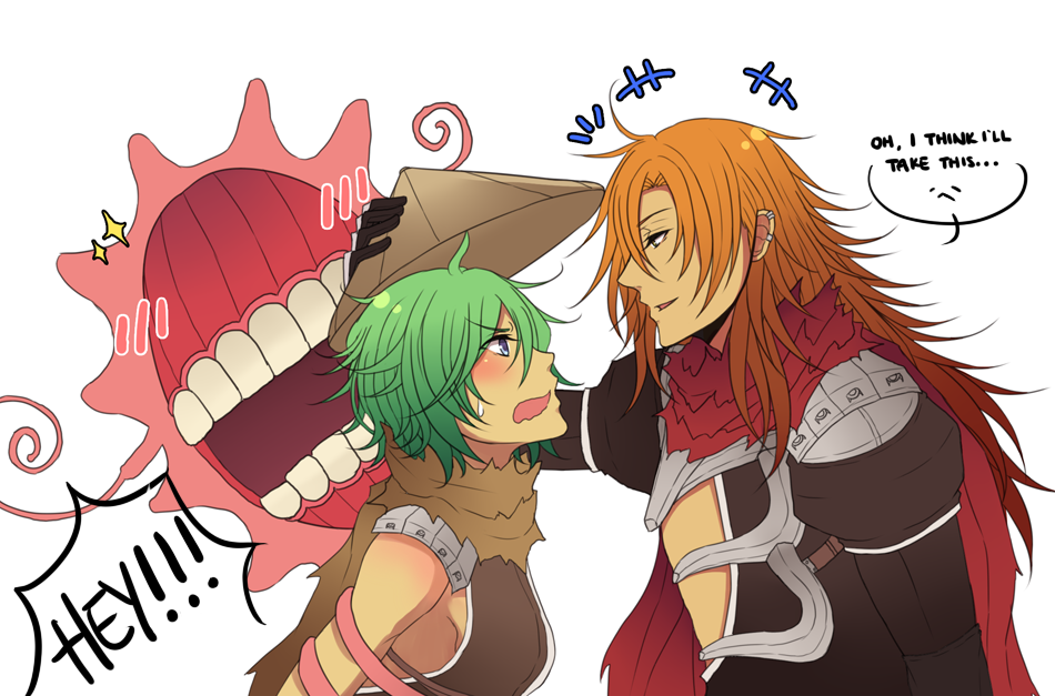 1boy 1girl armor assassin_cross_(ragnarok_online) black_gloves black_leotard black_shirt blue_eyes breasts commentary earrings english_commentary english_text flora_(ragnarok_online) flower gloves green_hair hat jewelry leotard long_hair looking_at_another medium_breasts open_mouth orange_hair pauldrons pink_flower ragnarok_online red_scarf rice_hat rinslette scarf shirt short_hair shoulder_armor simple_background torn_clothes torn_scarf upper_body white_background