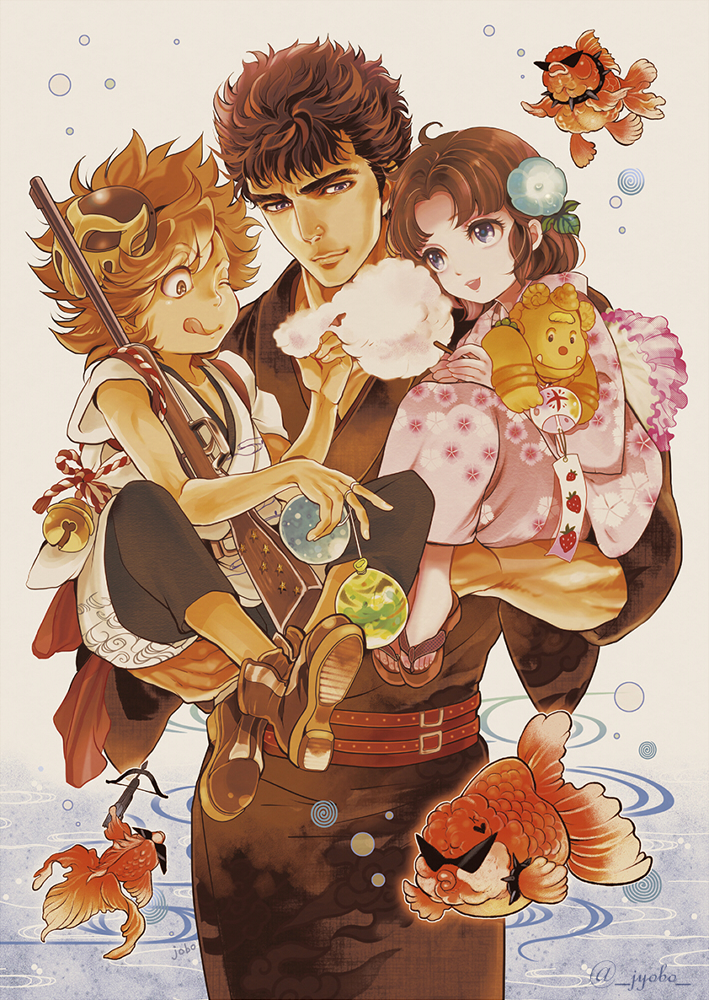 1girl 2boys ;p artist_name bat_(hokuto_no_ken) bell brown_footwear brown_hair carrying character_request cotton_candy fish gun hokuto_no_ken holding holding_cotton_candy holding_food holding_stuffed_toy japanese_clothes jingle_bell jobo_(isi88) kenshiro kimono koi licking_lips lin_(hokuto_no_ken) mask mask_on_head multiple_boys one_eye_closed pink_kimono sandals stuffed_animal stuffed_toy teddy_bear tongue tongue_out twitter_username water_yoyo weapon white_background wide_sleeves wind_chime yukata