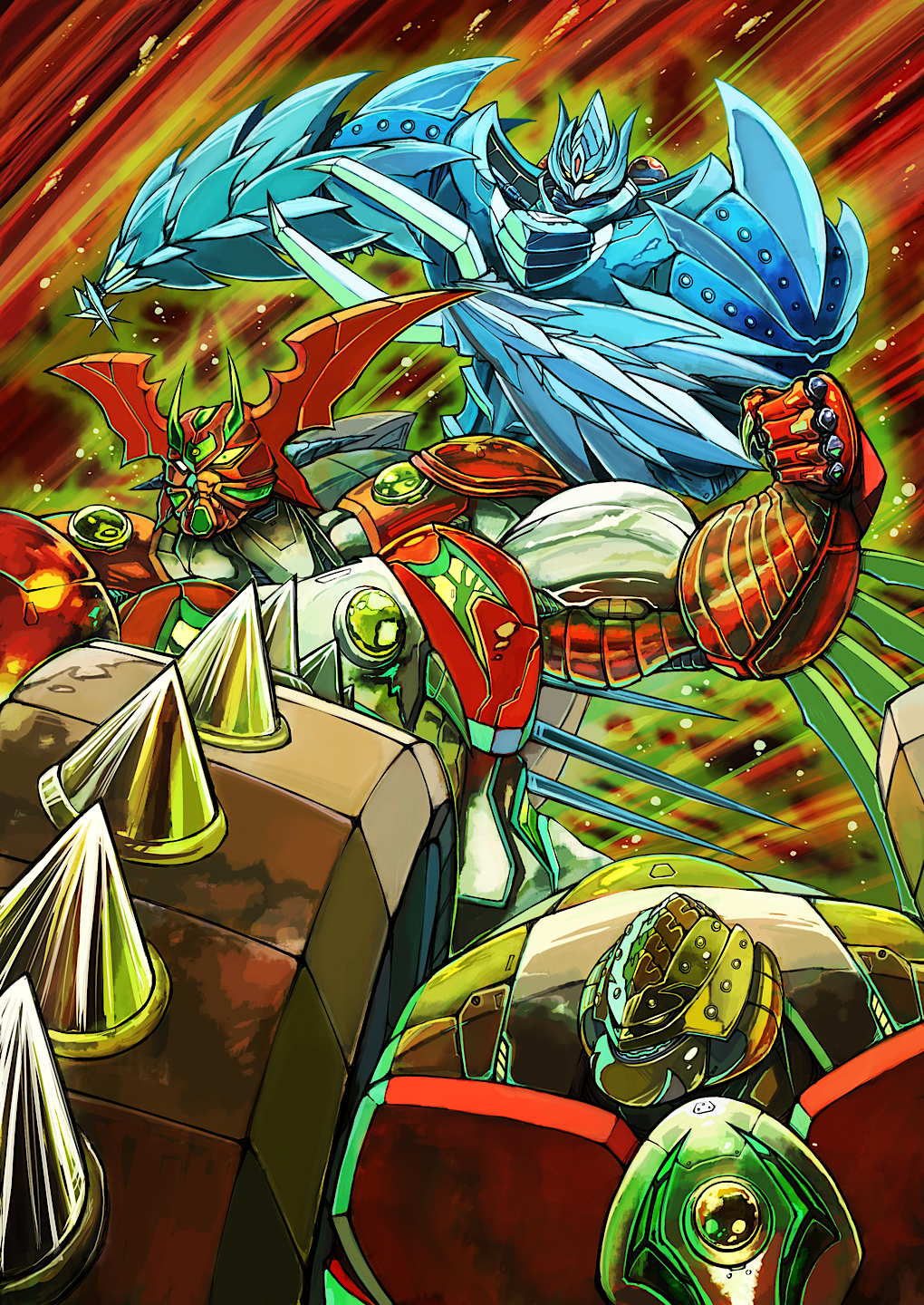 aura gattai getter_arc getter_khan getter_robo getter_robo_arc highres ishikawa_ken_(character) ishikawa_ken_(style) mecha mecha_focus multiple_robots no_humans robot science_fiction shin_getter_tarak simple_background super_robot yamanushi