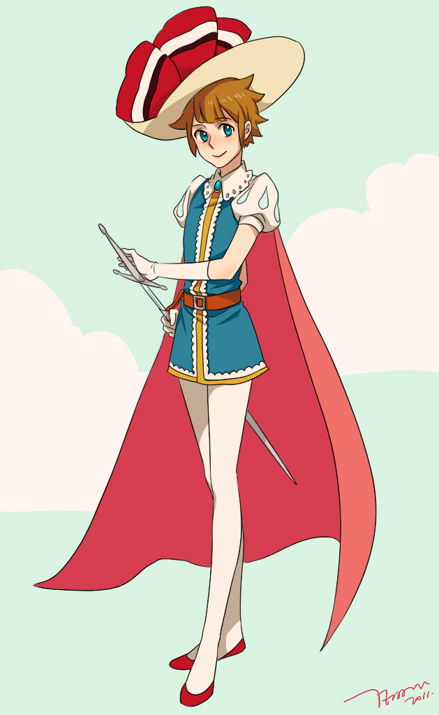 1boy blue_eyes brown_hair cape cosplay crossdressing full_body gloves hat inazuma_eleven inazuma_eleven_(series) legs light_smile male_focus pantyhose princess_sapphire princess_sapphire_(cosplay) ribbon_no_kishi sheath short_sleeves sky slippers solo sword tachimukai_yuuki temari114 unsheathing weapon