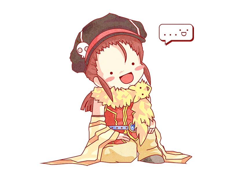... 1boy :d animal animal_around_neck belt black_hat blue_belt blush_stickers brown_hair brown_pants newsboy_cap chibi chibi_only commentary detached_sleeves english_commentary fox full_body grey_shoes hat low_ponytail male_focus medium_hair on_one_knee open_mouth pants pickacolour ponytail professor_(ragnarok_online) ragnarok_online red_shirt shirt shoes simple_background sleeveless sleeveless_shirt smile solid_circle_eyes solo spoken_ellipsis striped_sleeves white_background white_sleeves yellow_sleeves