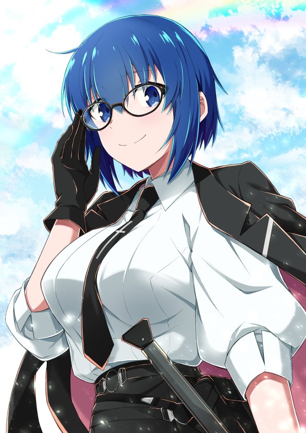 1girl adjusting_eyewear azami_masurao belt black-framed_eyewear black_jacket black_necktie blue_eyes blue_hair blue_sky breasts c.i.e.l_(fate) ciel_(tsukihime) closed_mouth cloud cloudy_sky commentary_request cross cross_print fate/grand_order fate_(series) glasses jacket jacket_on_shoulders large_breasts medium_hair necktie print_necktie sky smile solo tsukihime tsukihime_(remake)