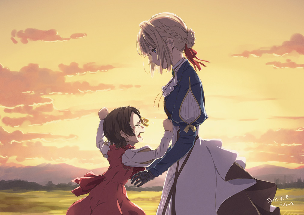 10s 2girls blonde_hair blue_eyes braid braided_bun brown_hair closed_eyes closed_mouth crying errant hair_bun hair_ribbon looking_at_another multiple_girls open_mouth outdoors prosthesis prosthetic_arm ribbon short_hair sunset violet_evergarden violet_evergarden_(series)
