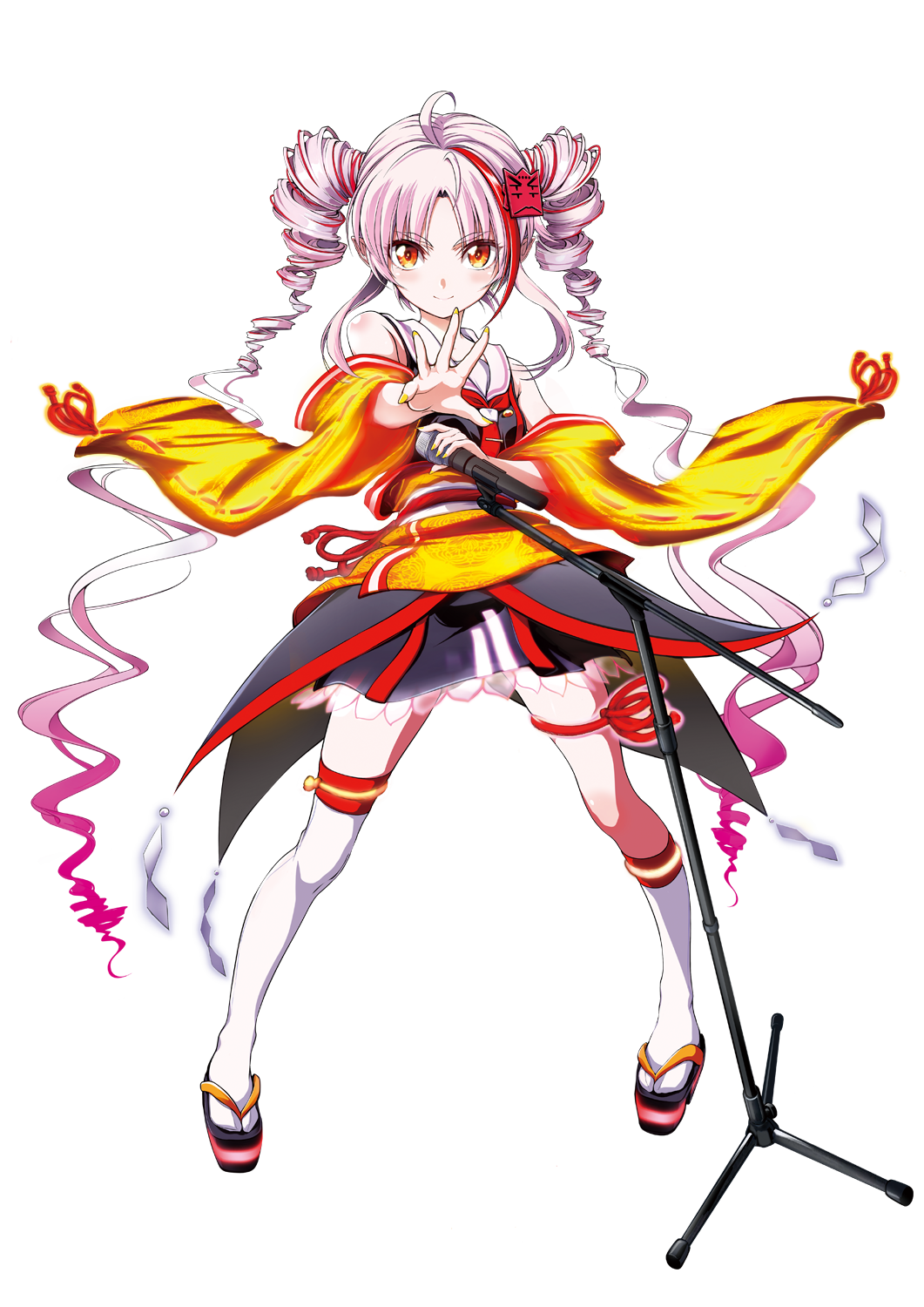 1girl ahoge asymmetrical_legwear bare_shoulders black_dress buttons closed_mouth dress drill_hair floating_clothes full_body gradient_hair hair_ornament highres holding holding_microphone_stand japanese_clothes kimono long_hair microphone_stand multicolored_hair nail_polish necktie obi obijime off_shoulder official_art onikko_hunter_tsuina-chan oohenri_saki open_clothes open_kimono orange_eyes orange_kimono outstretched_hand parted_bangs pink_hair pointy_ears print_kimono red_necktie red_streaks ribbon-trimmed_sleeves ribbon_trim sailor_collar sandals sash second-party_source see-through_dress_layer short_kimono short_necktie sleeveless sleeveless_dress smile socks solo standing streaked_hair synthesizer_v tabi thigh_strap thighhighs tie_clip transparent_background tsuina-chan tsuina-chan_(sv) twin_drills very_long_hair voiceroid white_sailor_collar white_sash white_socks white_thighhighs wide_sleeves yellow_nails zouri