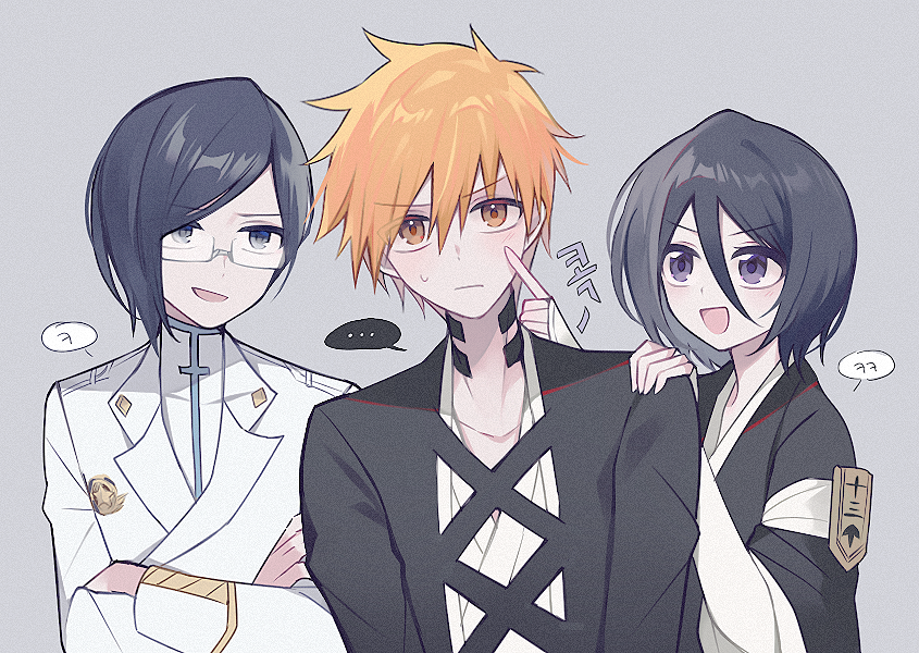 &gt;:( ... 1girl 2boys :/ :d arm_warmers bankai black_hair black_kimono bleach bleach:_sennen_kessen-hen blush brown_eyes closed_mouth commentary_request crossed_arms eyes_visible_through_hair frown g_ieep glasses grey_background grey_eyes hair_between_eyes ishida_uryuu jacket japanese_clothes kimono korean_commentary korean_text kuchiki_rukia kurosaki_ichigo long_sleeves looking_at_another looking_at_viewer multiple_boys open_mouth orange_hair parted_bangs purple_eyes sanpaku shihakusho shirt short_hair side-by-side simple_background smile smirk smug speech_bubble spiked_hair spoken_ellipsis straight_hair tensa_zangetsu_(bankai) translation_request upper_body v-shaped_eyebrows white_arm_warmers white_jacket white_shirt wide_sleeves