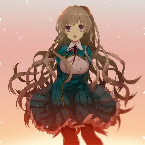10s 1girl brown_hair female_focus framed_breasts kiba_mifuyu koi_to_senkyo_to_chocolate long_hair mami_(apsaras) open_mouth pantyhose purple_eyes solo