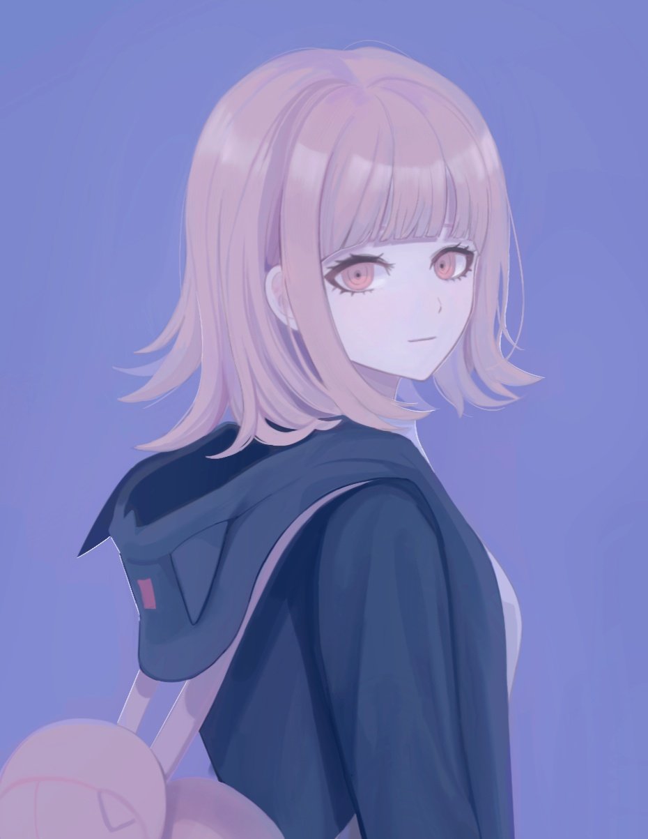 1girl animal_ears backpack bag black_jacket blue_background blunt_bangs breasts closed_mouth danganronpa_(series) danganronpa_2:_goodbye_despair fake_animal_ears flipped_hair from_side hair_ornament highres hood hood_down hooded_jacket jacket large_breasts long_sleeves looking_at_viewer medium_hair nanami_chiaki no_hair_ornament nuns197 open_clothes open_jacket pink_eyes simple_background smile solo upper_body