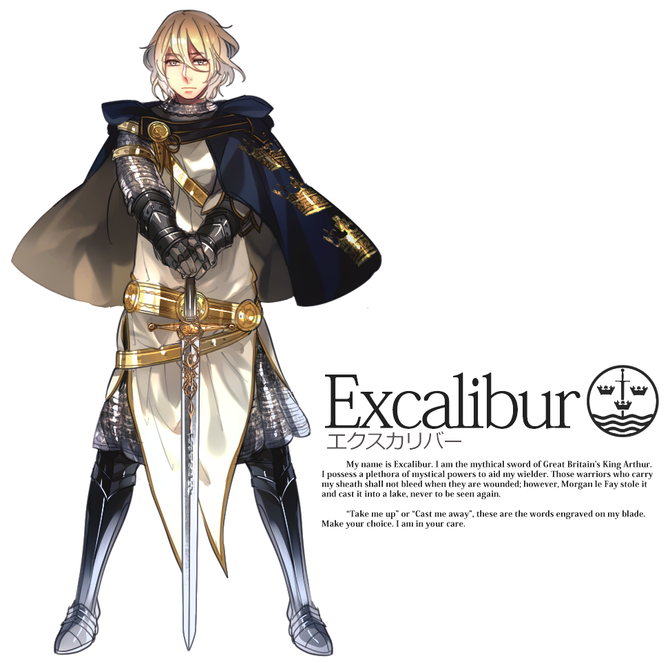 10s 1boy armor armored_boots blonde_hair boots capelet character_name cioccolatodorima crest english_text excalibur_(mythology) full_body gauntlets grey_eyes male_focus original personification serious short_hair sigil simple_background solo sword touken_ranbu weapon white_background