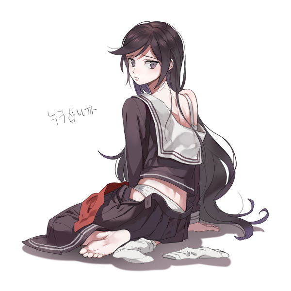 1girl black_hair black_serafuku black_shirt black_skirt closed_mouth clothes_pull commentary_request danganronpa:_trigger_happy_havoc danganronpa_(series) dg_xhs from_behind fukawa_toko full_body hair_down korean_commentary long_hair long_sleeves looking_at_viewer looking_back no_eyewear no_shoes off_shoulder panties pleated_skirt sailor_collar school_uniform serafuku shirt simple_background single_bare_foot sitting skirt skirt_pull socks soles solo underwear unworn_socks very_long_hair white_background white_panties white_sailor_collar