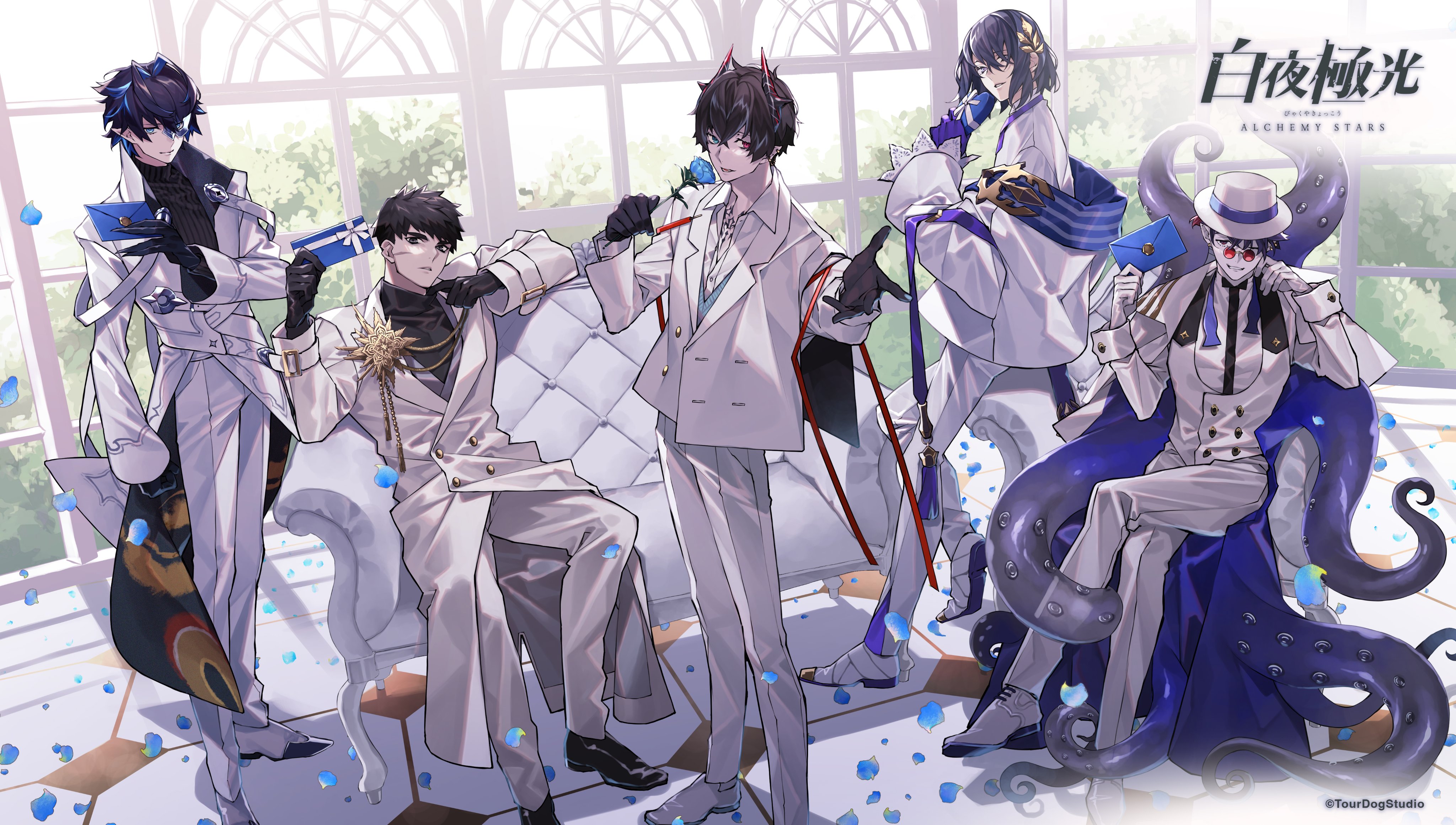 5boys absurdres alchemy_stars arm_at_side armchair black_eyes black_footwear black_gloves black_hair black_shirt black_sweater blue_eyes blue_flower blue_hair blue_rose box chair chest_tattoo closed_mouth coat coat_on_shoulders company_name copyright_name copyright_notice couch ear_piercing envelope facial_scar fedora fleur_(alchemy_stars) flower formal_clothes gift gift_box glasses gloves hair_ornament half_mask hat heart-shaped_box heel_up heterochromia highres holding holding_flower holding_gift horns indoors jacket kleken_(alchemy_stars) loafers long_sleeves looking_at_viewer luke_(alchemy_stars) male_focus mask multicolored_hair multiple_boys novio_(alchemy_stars) official_art one_eye_closed open_mouth oxfords pants partially_unbuttoned petals piercing pince-nez pittman_(alchemy_stars) pointy_ears reaching reaching_towards_viewer red_eyes rose scar scar_on_cheek scar_on_face shirt shoes short_hair sitting smile standing suit sweater sweater_vest tattoo teeth tentacles turtleneck turtleneck_sweater two-tone_hair white_coat white_day white_footwear white_gloves white_headwear white_jacket white_pants white_shirt window