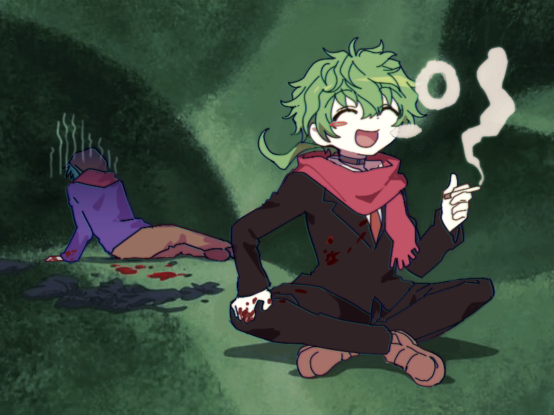 2boys beret black_jacket black_pants blood blue_jacket bokusatsu_tenshi_dokuro-chan brown_pants choker cigarette closed_eyes hat hiyori_sou holding holding_cigarette jacket jihecchi kimi_ga_shine male_focus midori_(kimi_ga_shine) multiple_boys open_mouth pants parody red_scarf scarf sitting smile smoke_ring smoking