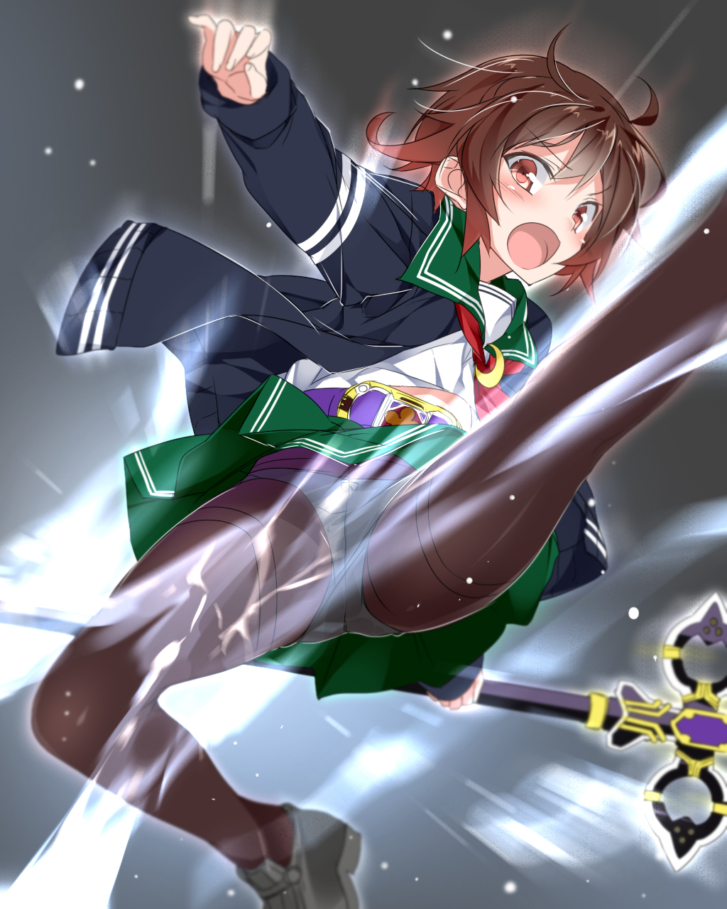 10s 1girl belt black_pantyhose blush bow bow_panties brown_hair commentary_request crescent_pin female_focus gradient_hair green_skirt highres holding holding_staff jacket kamen_rider kamen_rider_blade kamen_rider_blade_(series) kamen_rider_leangle kantai_collection long_sleeves mtu_(orewamuzituda) multicolored_hair mutsuki_(kancolle) name_connection open_clothes open_jacket open_mouth panties panties_under_pantyhose pantyhose pantyshot pleated_skirt red_hair remodel_(kantai_collection) rider_belt school_uniform serafuku shoes short_hair skirt solo staff thighband_pantyhose underwear weapon white_panties