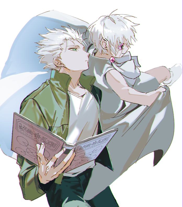 2boys book cloak dufort green_eyes green_jacket holding holding_book jacket konjiki_no_gash!! multiple_boys purple_eyes shirt short_hair simple_background ss_un17 white_background white_cloak white_footwear white_hair white_shirt zeon_bell