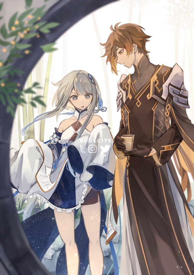 1boy 1girl bare_shoulders black_gloves blue_eyes blurry breasts brown_hair coat cup dress earrings english_text genshin_impact gloves gradient_hair grey_hair guizhong_(genshin_impact) hair_between_eyes hair_ornament holding holding_cup jewelry long_hair long_sleeves multicolored_hair open_mouth orange_hair plant ponytail short_hair_with_long_locks shorts sidelocks single_earring soulc1ty standing tassel tassel_earrings window yellow_eyes zhongli_(genshin_impact) zhongli_(lantern_rite)_(genshin_impact)