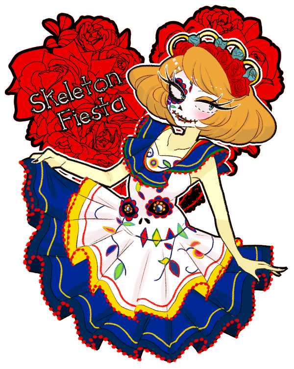 1girl animification blue_eyes brown_hair clarice_(disney) disney dress humanization looking_at_viewer mexican_clothes mexican_dress mickey_mouse_&amp;_friends short_hair sishamo1217 skeleton_print solo tagme