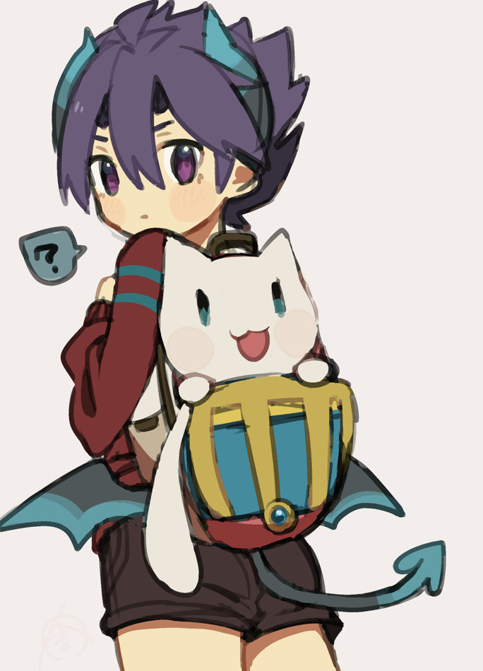 1boy ? backpack bad_id bad_pixiv_id bag blue_hair blush demon_boy demon_tail demon_wings from_behind great_kichi horns looking_at_viewer looking_back male_focus mini_wings pointy_ears pop-up_story purple_eyes short_shorts shorts solo tail white_background wings ziz_glover