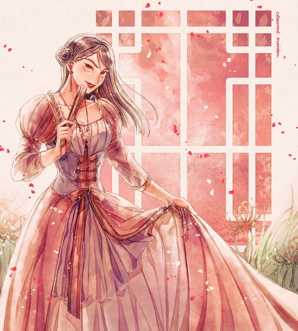 1girl alternate_costume animification asian black_hair braid brown_eyes dress fa_mulan_(disney) hair_bun holding long_hair long_sleeves looking_at_viewer makeup mizala mulan_(movie) single_braid smile solo white_dress