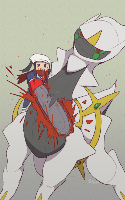 1girl 1other akari_(pokemon) arceus blood boke-chan chainsaw creatures_(company) expressionless galaxy_expedition_team_survey_corps_uniform game_freak gen_4_pokemon guro injury legendary_pokemon long_hair mythical_pokemon nintendo pokemon pokemon_legends:_arceus power_tool simple_background size_difference twitter_username violence what