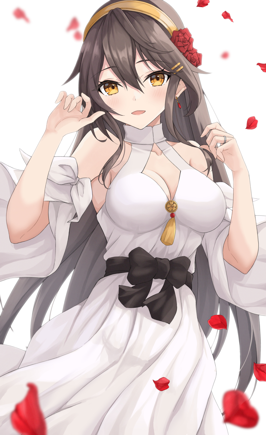 1girl black_hair breasts cleavage commission cosplay dress flower gensoukitan hair_flower hair_ornament hairband hairclip haruna_(kancolle) highres kantai_collection kongou_(kancolle) kongou_(kancolle)_(cosplay) long_hair medium_breasts petals rose simple_background skeb_commission solo white_background white_dress yellow_eyes yellow_hairband