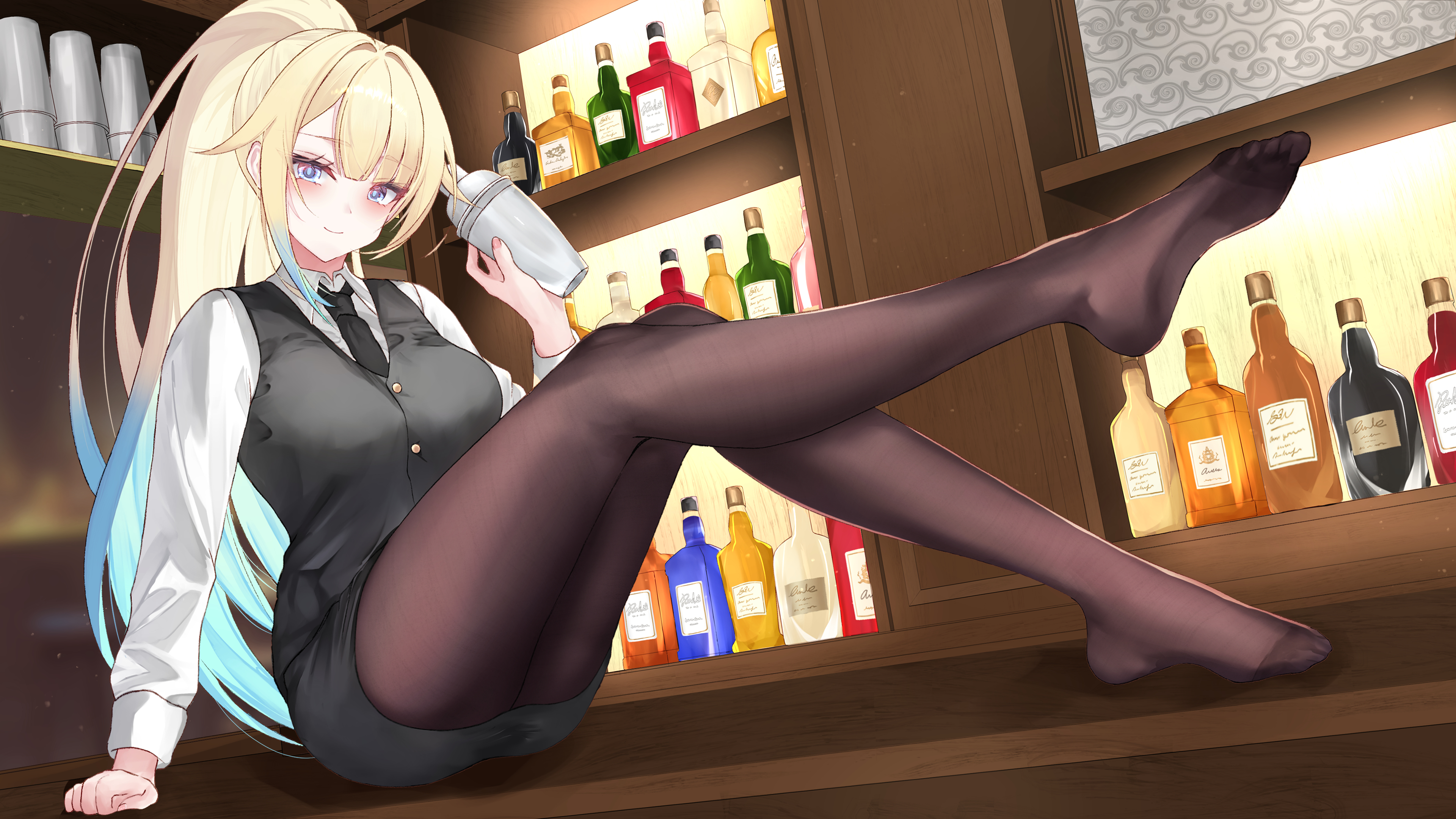 1girl absurdres aizawa_ema bartender black_necktie black_pantyhose black_skirt black_vest blonde_hair blue_eyes blue_hair bottle buttons closed_mouth collared_shirt gradient_hair highres holding kaeha long_hair long_sleeves multicolored_hair necktie pantyhose pencil_skirt ponytail shirt skirt solo thighs vest virtual_youtuber vspo! white_shirt