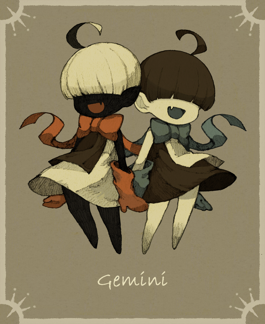 black_dress black_hair black_skin blue_bow blue_gloves bow bowtie colored_skin dress fang gemini_(zodiac) gloves large_bow maniani original polar_opposites red_bow red_gloves siblings skin_fang symmetry twins white_dress white_hair white_skin zodiac