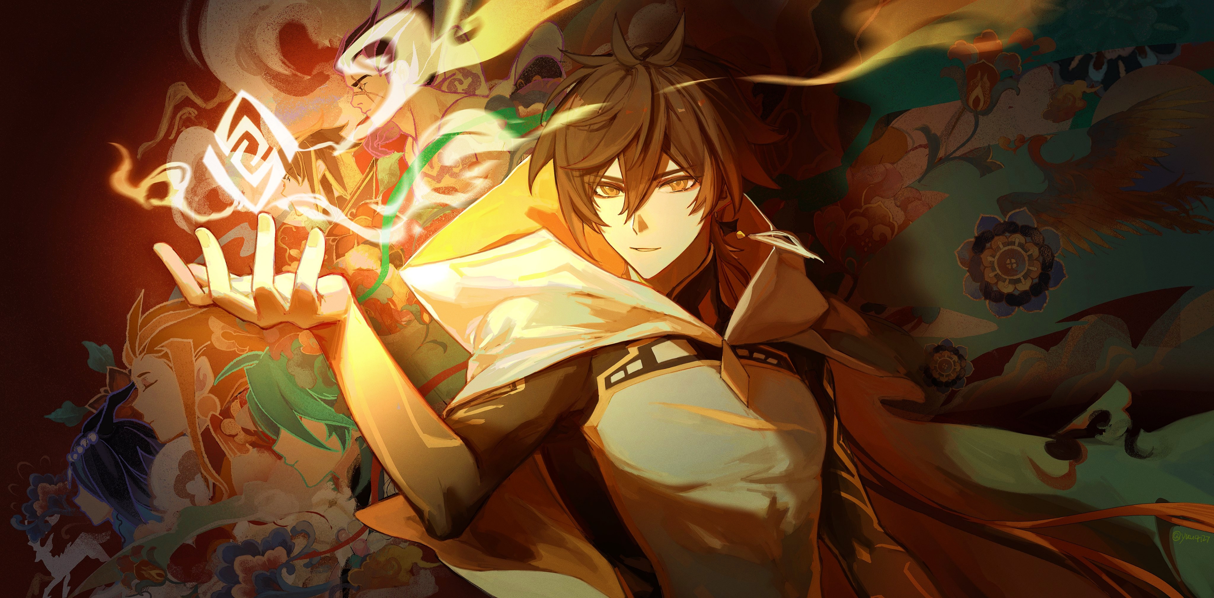 2girls 4boys absurdres bosacius_(genshin_impact) genshin_impact highres indarias_(genshin_impact) lofter lofter_logo lofter_username menogias_(genshin_impact) multiple_boys multiple_girls rex_lapis_(genshin_impact) solo_focus xiao_(genshin_impact) yuu4127 zhongli_(archon)_(genshin_impact) zhongli_(genshin_impact)