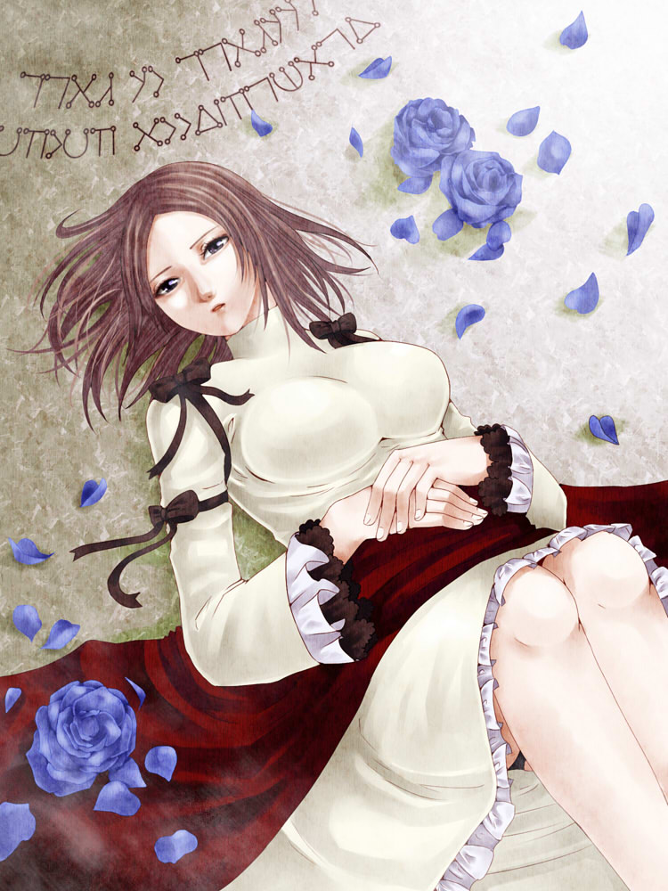 1girl 38 blue_flower blue_rose breasts brown_hair drag-on_dragoon dress flower furiae looking_at_viewer lying medium_breasts on_back rose short_hair solo turtleneck white_dress