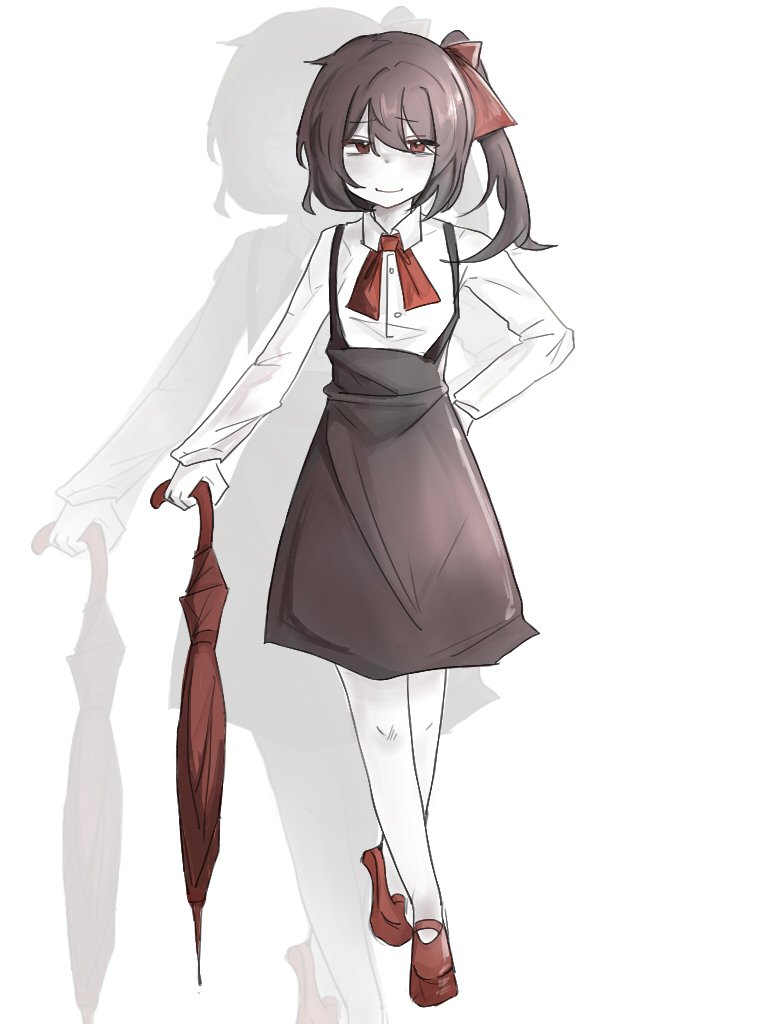 1girl arm_behind_back axxyu black_hair black_skirt bow bowtie closed_mouth closed_umbrella collared_shirt colored_skin commentary_request cookie_(touhou) crossed_legs full_body hair_between_eyes hair_bow heel_up high_side_ponytail holding holding_umbrella long_sleeves looking_at_viewer mary_janes medium_hair red_bow red_bowtie red_eyes red_shoes red_umbrella shirt shoes simple_background siyudi_(cookie) skirt smile solo standing suspender_skirt suspenders umbrella watson_cross white_background white_shirt white_skin zoom_layer