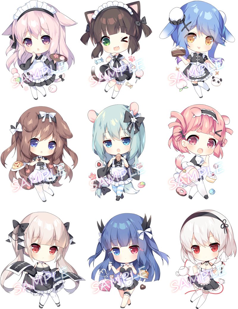 &gt;_o 6+girls :o :p ;d alternate_costume animal_ears apron ass azur_lane bell black_bow black_dress black_footwear black_gloves black_hair black_hairband black_kimono black_skirt blue_eyes blue_hair blunt_bangs blush bow box breasts brown_eyes brown_hair bun_cover cake cake_slice candy cat_ears cat_girl cat_tail chibi cleavage closed_mouth commentary_request cup daifuku dango dog_ears dog_girl dog_tail double_bun donut dress duster elbow_gloves enmaided fang fingerless_gloves food formidable_(azur_lane) frilled_apron frilled_dress frills fumizuki_(azur_lane) gloves gradient_hair green_eyes green_hair hair_bow hair_bun hair_ornament hairband hairclip hand_on_own_chest heart heart-shaped_box heart_hands heterochromia holding holding_food holding_tray horns ibuki_(azur_lane) ichigo_daifuku japanese_clothes jingle_bell kimono kisaragi_(azur_lane) kneehighs large_breasts light_brown_hair lollipop long_hair long_sleeves maid maid_headdress mikazuki_(azur_lane) minazuki_(azur_lane) mixed_maids multicolored_hair multiple_girls mutsuki_(azur_lane) one_eye_closed open_mouth panties pantyhose parfait parted_lips pastry_bag pink_hair pleated_skirt puffy_short_sleeves puffy_sleeves purple_eyes purple_hair qi_maid red_eyes sample_watermark sanshoku_dango shirt short_eyebrows short_hair short_sleeves simple_background sirius_(azur_lane) skirt sleeveless sleeveless_dress smile socks striped_clothes striped_legwear striped_panties striped_pantyhose swirl_lollipop tail taiyaki teacup teapot tears teeth thick_eyebrows thighhighs tongue tongue_out tray tsukimi_(xiaohuasan) twintails two_side_up underwear upper_teeth_only uzuki_(azur_lane) very_long_hair wa_maid wagashi waist_apron watermark white_apron white_background white_hair white_legwear white_shirt wide_sleeves