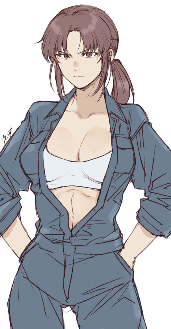 1girl black_lagoon blue_jumpsuit bra bra_peek breasts brown_eyes brown_hair collarbone commentary hands_in_pockets jumpsuit long_hair looking_at_viewer ponytail revy_(black_lagoon) simple_background solo underwear white_background white_bra yasunososaku